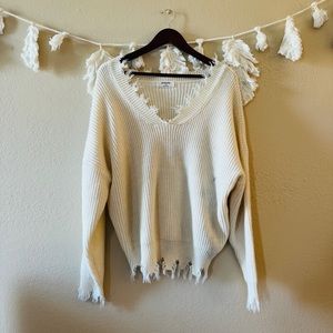 Zenana | Fringe Distressed V-Neck Sweater size 1X